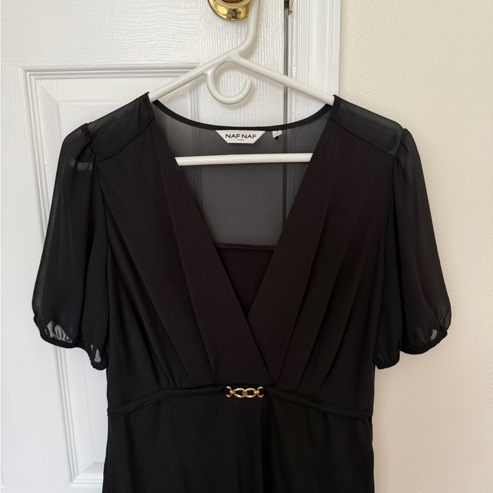 NAF NAF Black V-Neck Long Sleeve Sheer-Sleeve Dress